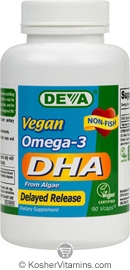 Deva Nutrition Vegan Omega-3 DHA 200 mg from Algae (delayed release) Not Certified Kosher 90  Vegan Capsules 